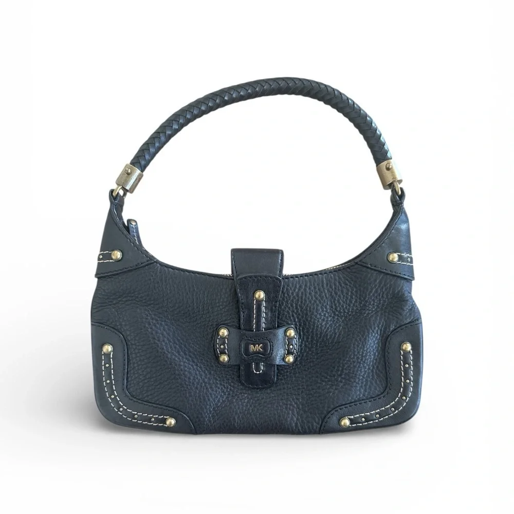 Michael Kors Black Leather Shoulder Purse with Braided Strap and Gold Detailing